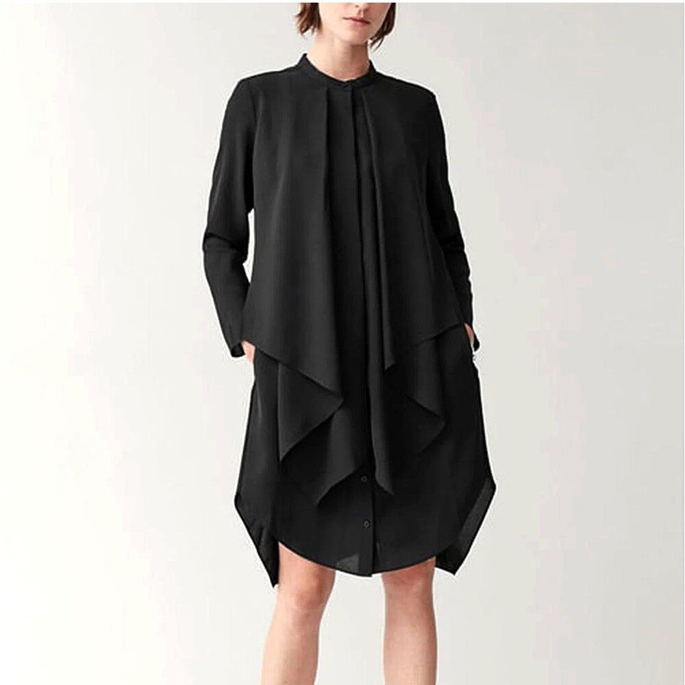 COS Draped Layer Dress Womens 10 Black Button Down Lagenlook Asymmetrical Midi